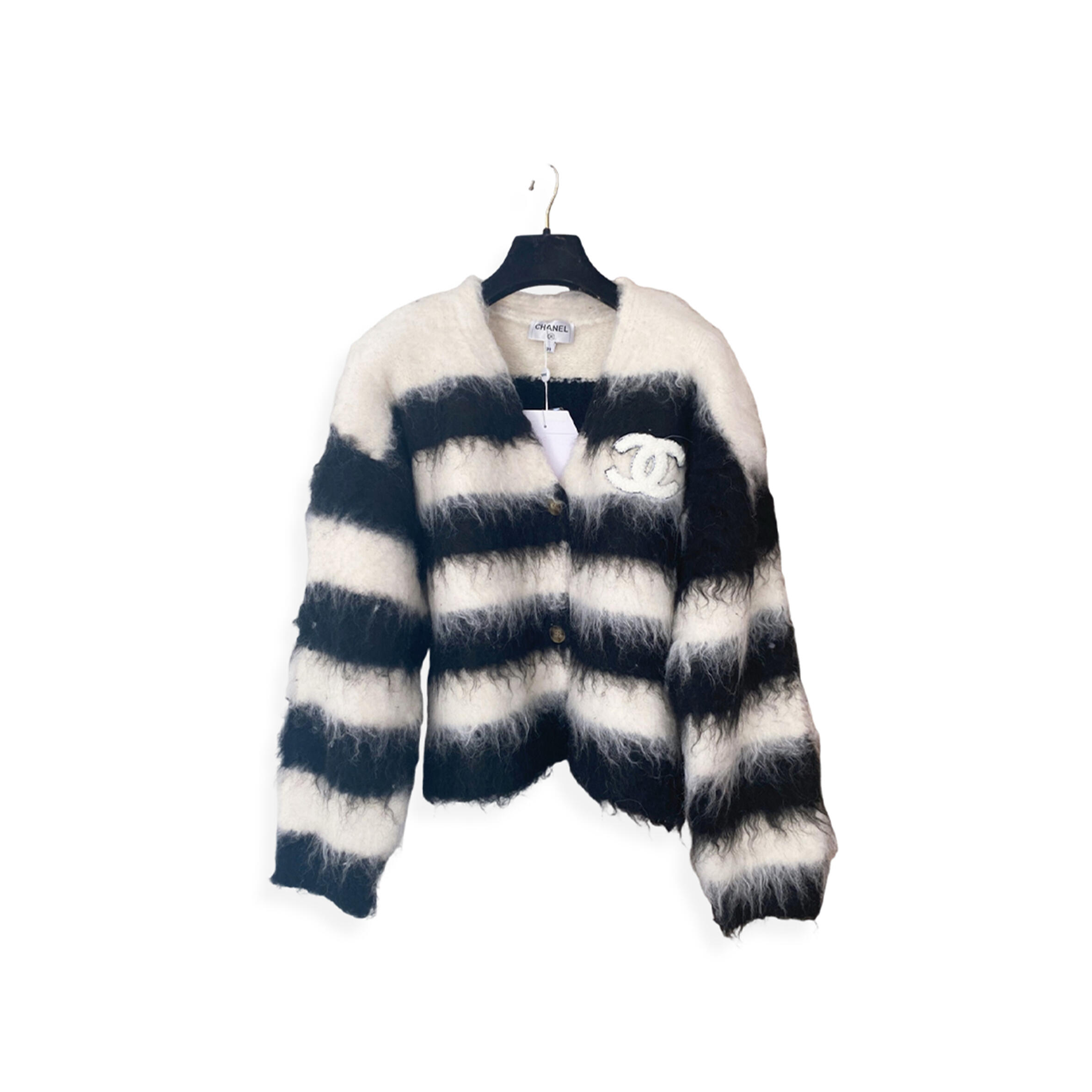 Ch**el mohair v-neck color-blocked striped long-sleeved cardigan